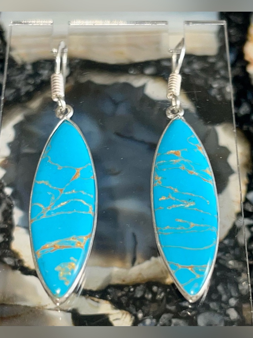 Lightweight Blue Rainbow Calsilica Earrings 2 1/4”